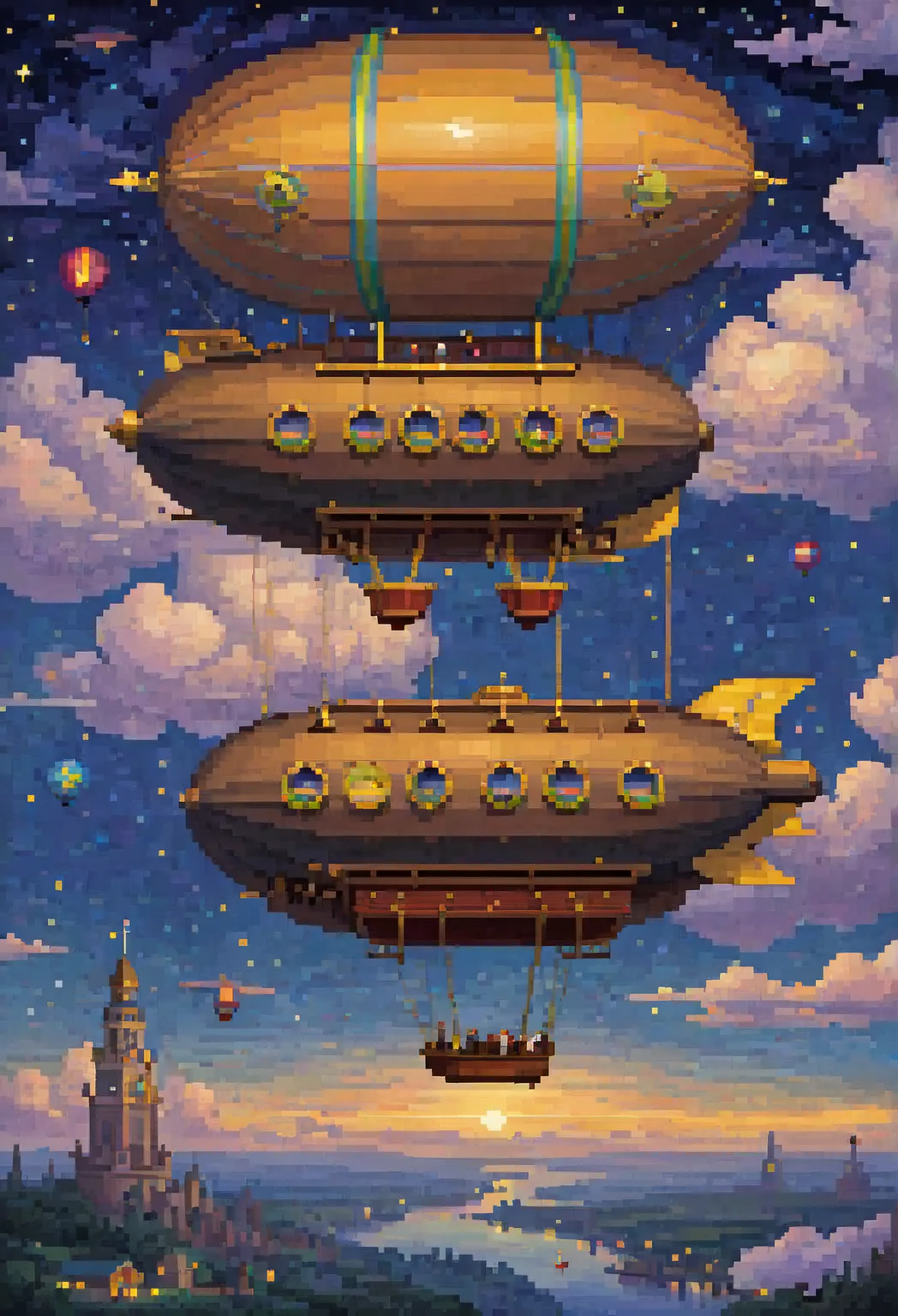 pixel art, ((1 zeppelin fantasy)), night, clouds, stars, (sky), 1 oval balloon, top down view