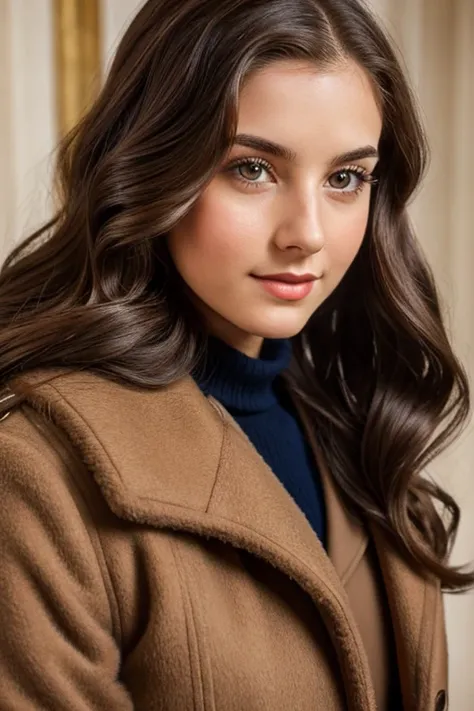 Medium view, of 24 year old, face portrait, jewish features, long hair, brown hair, 1940s hair style, 1940s dress, furry coat, in cozy synagogue￼.