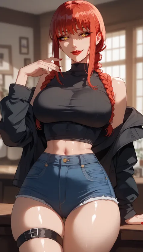  perfect eyes、 perfectly sexy face、ultra detailed、 yellow eyes 、Makima、Chainsaw Man、Hair with a light shade of red、shiny hair、( Big breasts ), black shirt、black jacket、Tight Waist、 thin waist 、 dark blue denim shorts、 Thigh straps 、 shiny skin 、 tanned ski...