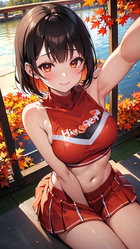 ((highest quality, muste piece, High resolution)), Zoom photo from above, (((Cheerleader, Cheerleader costumes))), (cute smile:1.5, blush:1.5, looking up:1.2), big breasts, She is an adult woman with a mysterious and charming aura, pink eye, mole under eye...