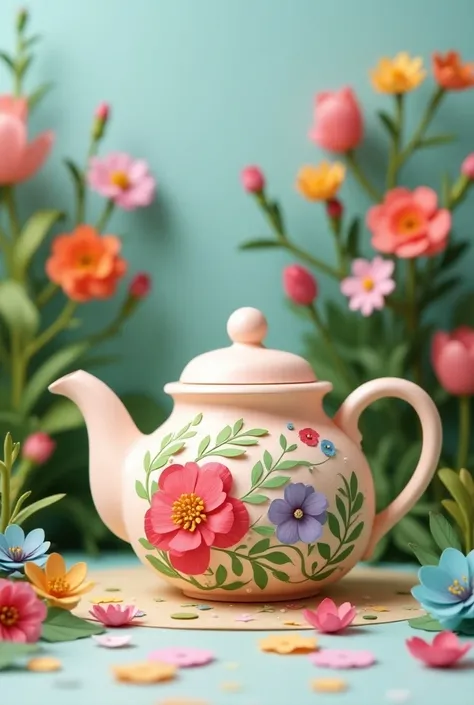 Cute teapot vibrant flower paper craft