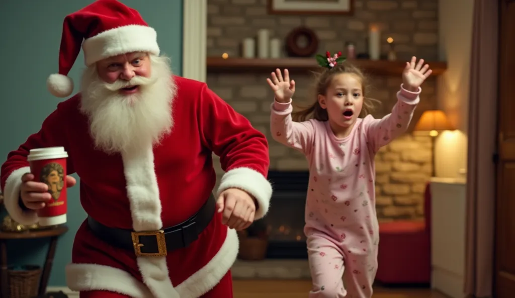 a famous meme where a little frightened girl runs away with a funny expression on her face, only instead of a girl there is a frightened (running Santa Claus:2) stealing a cardboard coffee cup of delicious coffee. and a  in pajamas in the background crying.(on the photo two characters:2) - (running Santa Claus:2) and a sad crying girl with her hands up in the air.a shot from a cozy Christmas big-budget movie