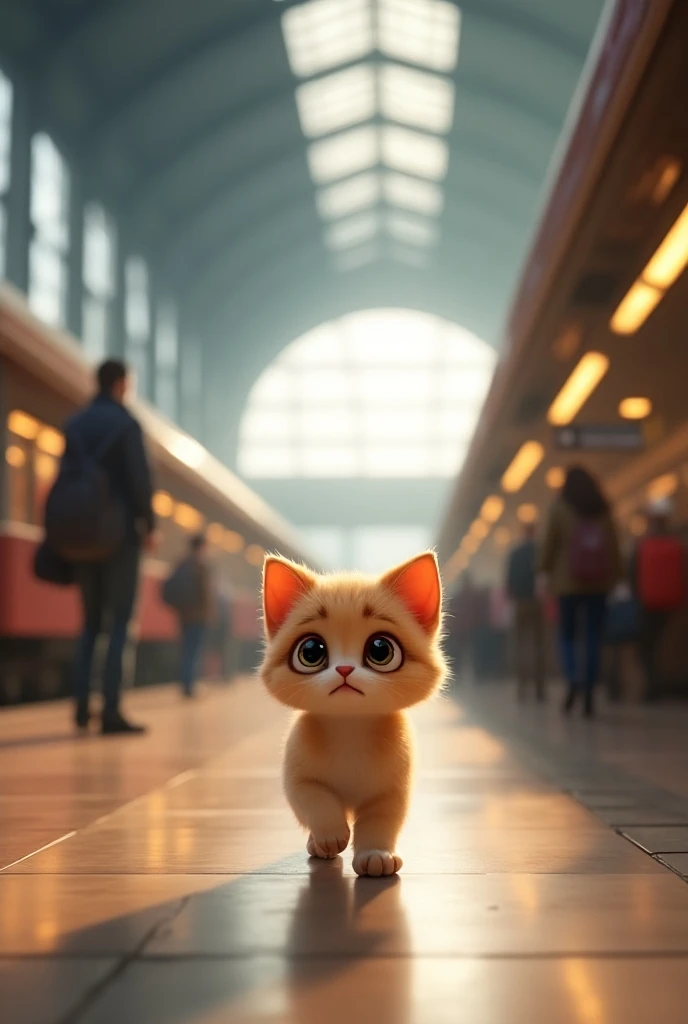 Kitten is lost in railway station, animated, bright