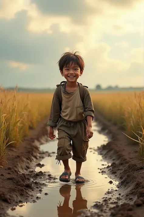 Boy in patched clothes is happily walking in the mud to school 