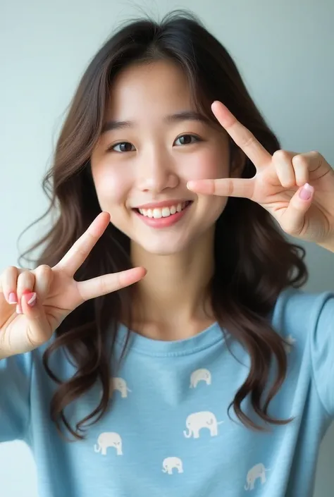 An photo of the most beautiful and cute and cildish and ellegant student lady with long wavy hair, wearing a blue elephant homey Shirt and posing for professional headshots with two fingers / peace pose with index finger and middle finger on the eye in fro...