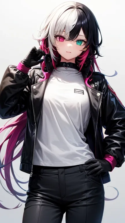 1girl, long multicolored hair, heterochromia eyes, jacket, gloves, short pants