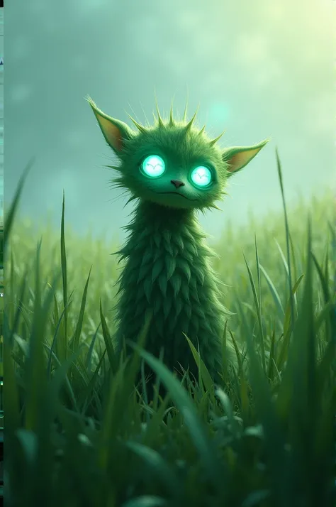 Walking grass with glowing eyes, in an open field