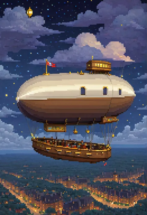 pixel art, ((1 zeppelin fantasy)), night, clouds, stars, (sky), 1 oval balloon, top down view