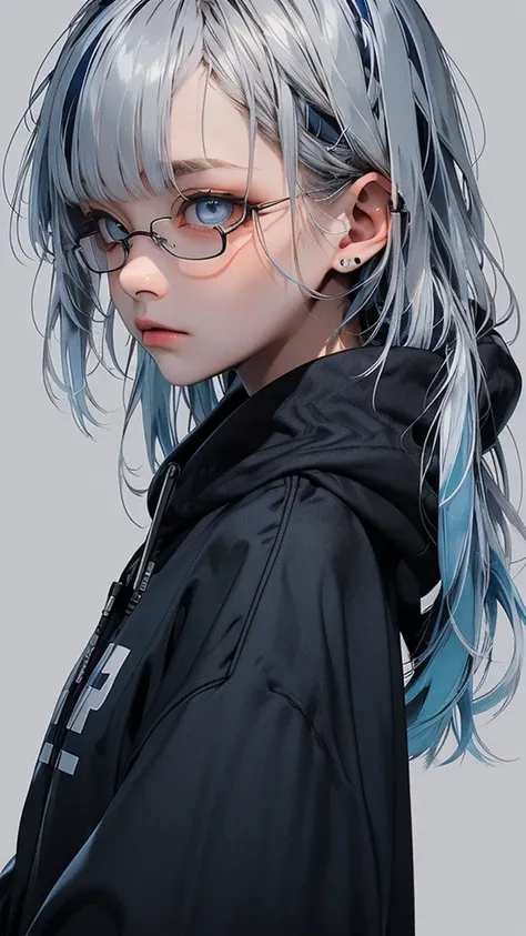   movie poster with a young woman as the protagonist、 (Silver_hair, blue_hair,two-tone_hair:1.4)、( long hair :1.2)、(light blue clear eyes 1 .3)Glare、 Her face has a fixed expression  , (grey ash simple unbranded hoodie)、(black simple background 1 .4)、Rough...