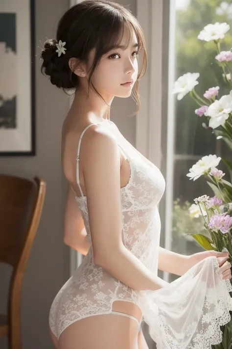 a girl in a dress that is blown up by the wind and shows sexy white lace panties, is posing for a picture with a lamp in the background and flowers in the foreground, 3/4 Profile, highly detailed digital painting, a photorealistic painting