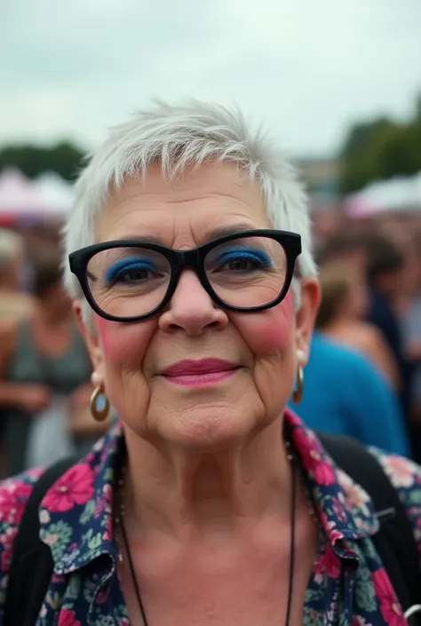 Old chubby white woman with blue eyeshadow on her top eyelids with dark pink rimmed glasses, she has very short hair, the photo was taken at a festival the background shows a lot of people