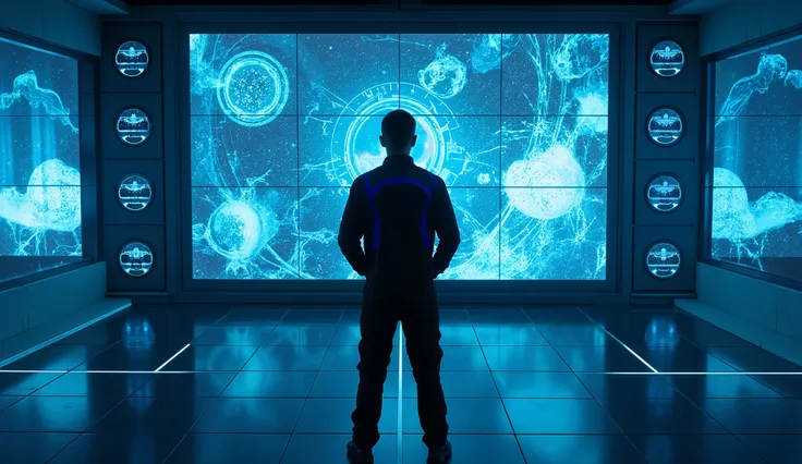 "Futuristic time control room ,  full of blue glowing hologram screens surrounding the room .  The Time Keepers wear dark futuristic uniforms with blue glowing accents ,  stands strapping in front of a large hologram screen .  The screen displays the flow ...