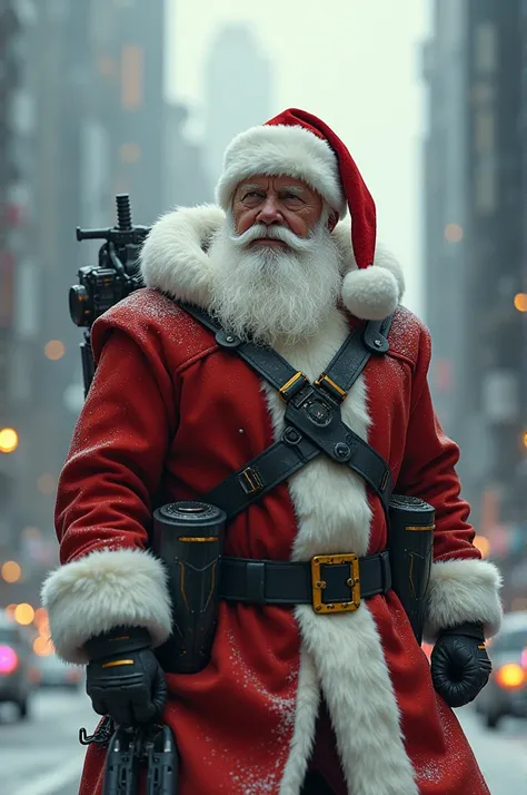 Santa Claus of the future in a modern sleigh with weapons 