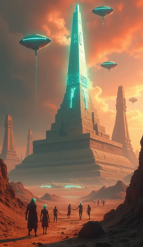  In a setting where ancient humanity collaborate with extraterrestrial beings ,  an epic landscape is shown . in the center,  an imposing pyramid made of giant blocks of levite stone as it is assembled by rays of energy emanating from alien ships suspended...