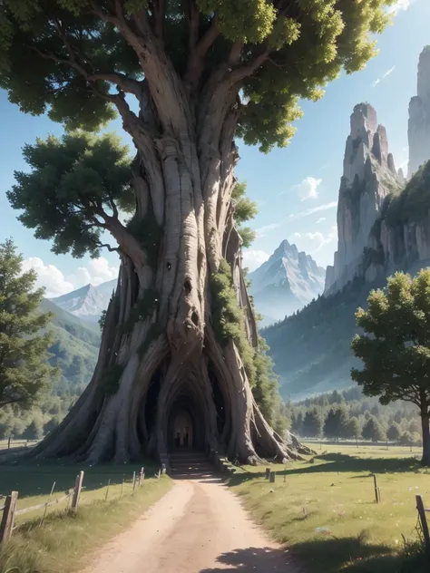 a massive fantasy tree, towering mountains, divine, cinematic lens, wide angle view, hyper realistic, extremely detailed skin, 8k, trending on artstation, smooth, 3d animation --ar 2:1 --v 5 --q 2 --s 750