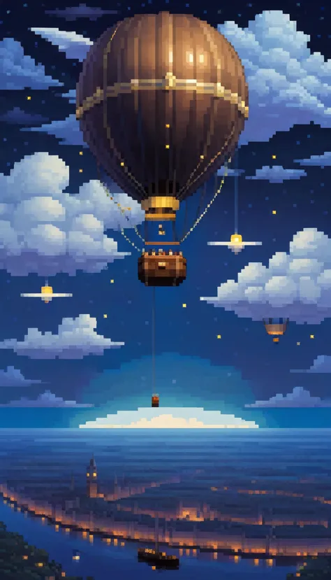 pixel art, ((1 zeppelin fantasy)), night, clouds, stars, (sky), 1 oval balloon, top down view