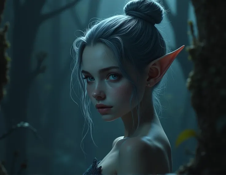 a young female humanoide with bluish-gray skin,blue eyes,dark silver hair,small pointed ears,hair tied in a bun,full body view,long shot,high quality,8k,fantasy,digital painting,dark moody lighting,dramatic lighting