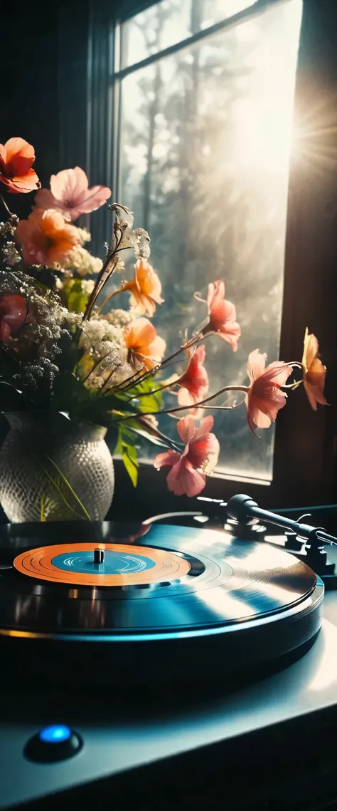  Stunning retro record player ,table, Sunlight shines through the window , Delicate, bright flowers and leaves 