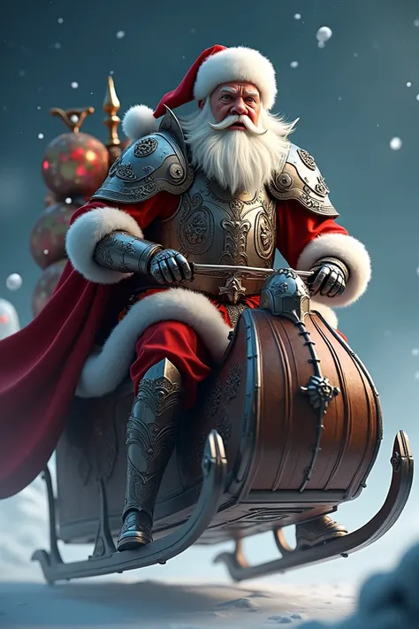 Santa Claus in armor riding a modern sleigh
