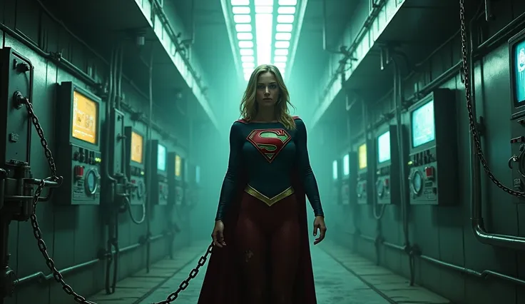 A dark, futuristic room with metallic walls and alien devices, lit by green and blue lights. Supergirl is chained in the center, wearing a torn costume, her expression determined even as alien devices glow trying to penetrate her skin. The environment is f...