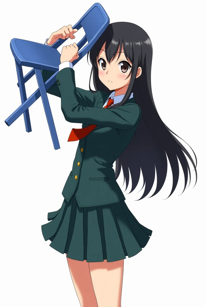 " A well-dressed female student with a bright expression .  anime character.  long black hair ,  big eyes that tear, red tie, Dark long-sleeved green  , Dark green skirt , My chest is straight,  is wearing clothes with collars and pockets . Im holding a bl...