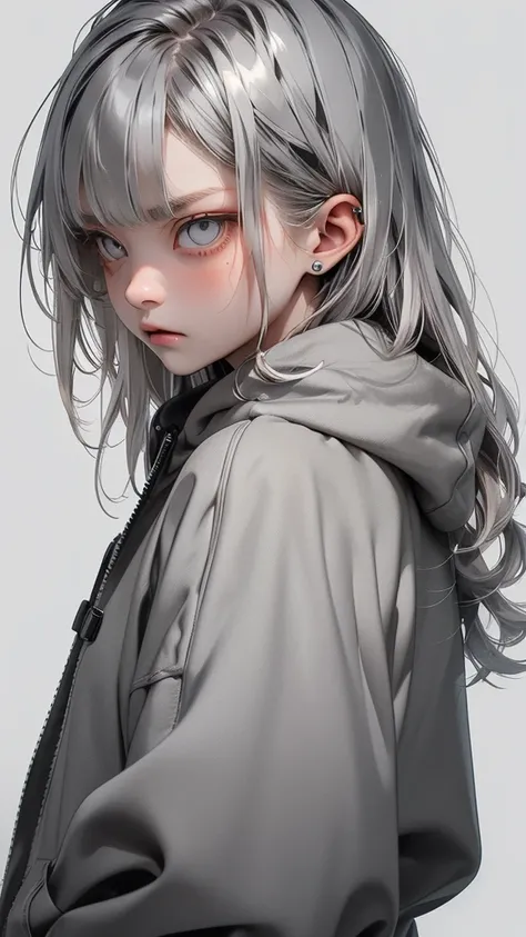   movie poster with young woman as protagonist 、 (Silver_hair, dark gray_hair,two-tone_hair:1.4)、( long hair :1.2)、(Clear Silver Eyes 1 .3)Glare、 Her face has a fixed expression  , Grey Ash Vintage Dirty Hoodies、( white simple background 1 .4)、Rough, With ...