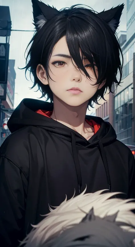 1boy, glowing red eyes, black hair, staring, dead, black hoodie, wolf ears, wolf tail, rainy day city background, heavy atmosphere, close up view, shadow over face