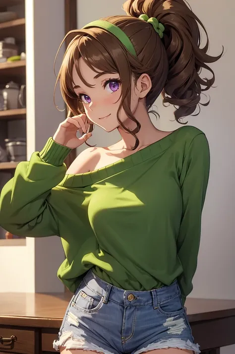 ((best quality)), ((masterpiece)), (detailed), 1girl, off-shoulder green sweater, brown curly hair in a ponytail, cheerful expression, jean shorts, green alien antenna headband, purple eyes