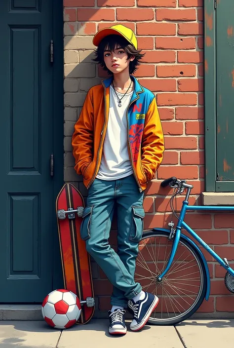 In a vibrant and whimsical digital illustration, a tall, slim stick-figure boy stands with a bright and romantic expression, leaning against a weathered brick wall. His sleek figure is adorned in a trendy, graffiti-style baggy jacket and cap that drapes el...