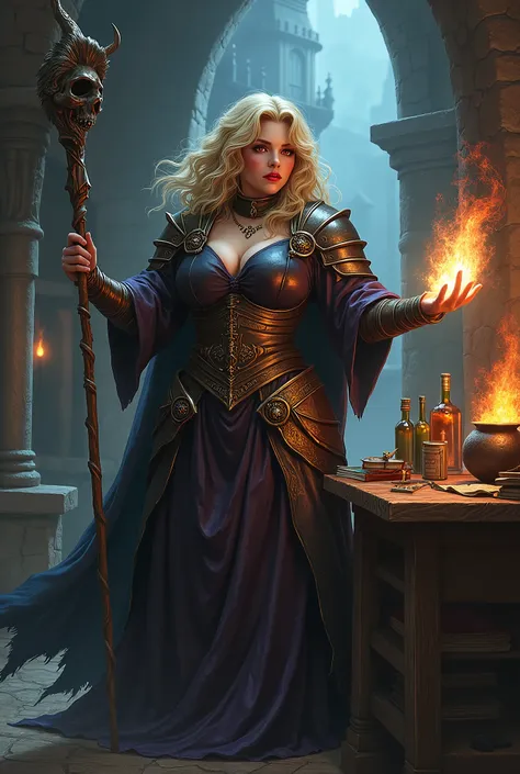 a woman, mage, leather armor, metal shoulder pads, a staff with a skull on top, red eyes, blonde hair with brown roots, (chubby), malevolent look, a magic coming out of her other hand, a scene of a haunted castle, books and potion bottles on a wooden table...