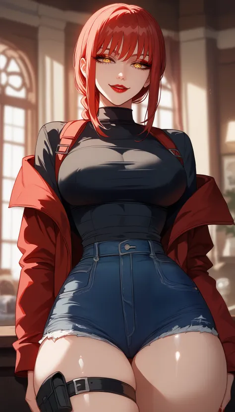  perfect eyes、 perfectly sexy face、ultra detailed、 yellow eyes 、Makima、Chainsaw Man、Hair with a light shade of red、shiny hair、( Big breasts ), black shirt、black jacket、Tight Waist、 thin waist 、 dark blue denim shorts、 Thigh straps 、 shiny skin 、 tanned ski...