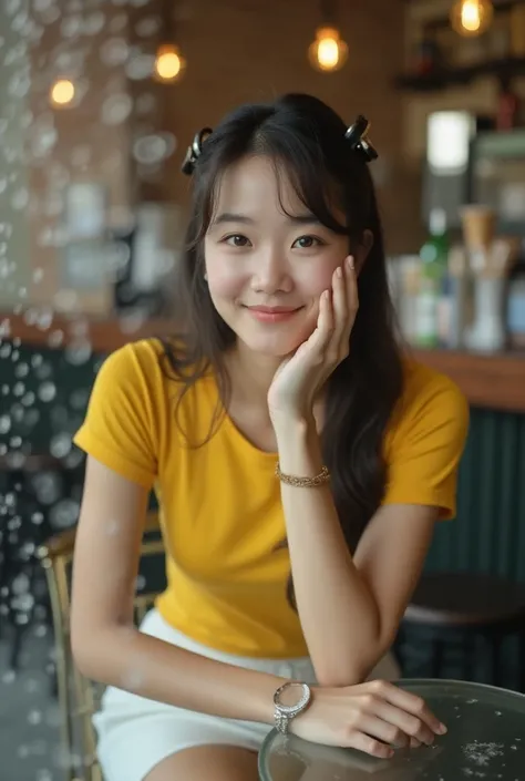 (Photo taken through clear glass and water drops on the glass:1.2) Beautiful Asian woman resting her chin on her hands, sitting on a bar stool, glass table, yellow tight sleeveless round neck t-shirt, long hair, white short skirt, hair clips, bracelets, co...