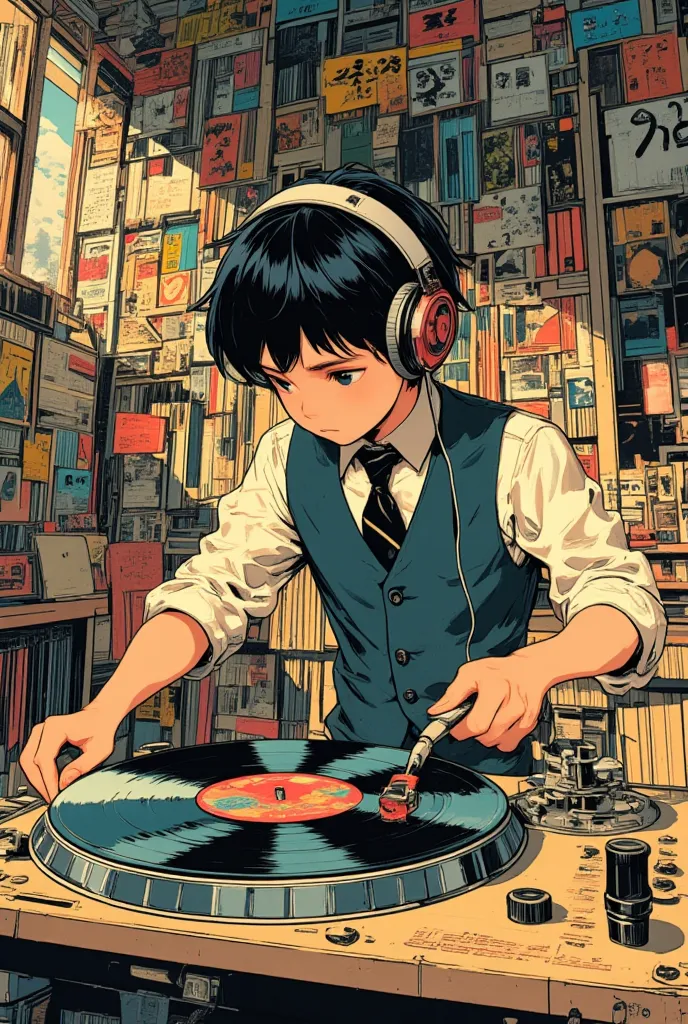 1960s American Comic, Vintage Record Player, Close up of Record Player, High Society, A record rack filled with vinyl records, A boy wearing headphones is carefully setting up a vinyl record