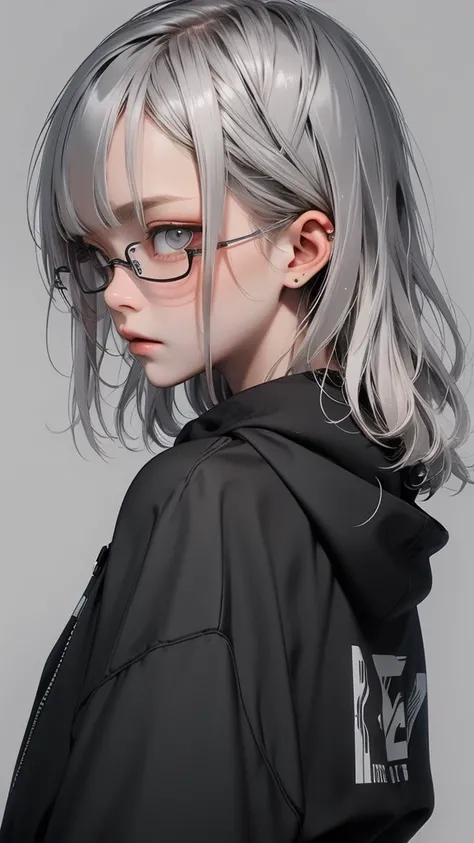   movie poster with a young woman as the protagonist、 (Silver_hair, dark gray_hair,two-tone_hair:1.4)、( long hair :1.2)、(Clear Silver Eyes 1 .3)Glare、 Her face has a fixed expression  ,  Grey Ash Solid Hoodie、Matte Parker 、 No Zip Parker 、( white simple ba...