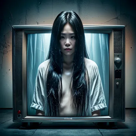 a naked girl climbs out of the TV. Woman with long hair, standing in front of the TV, ring movie, portrait of sadako of ring, ring, horror” , horror&quot;,  scene from a horror movie  в стиле психологического триллера, Dark TV Show Style,  Still TV , creep...