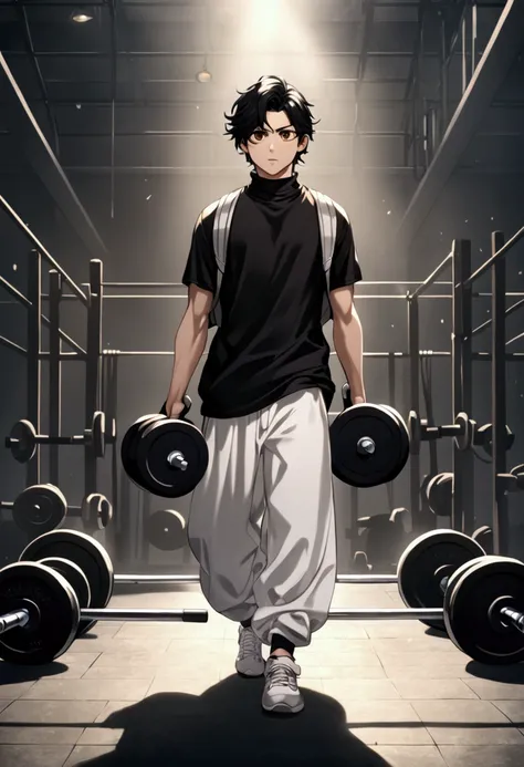 Boy Boy .  The boy has messy black hair,  brown eyes. The boy has a tight long turtleneck black shirt , white baggy pants.  The boy is exercising with a backpack with weights.