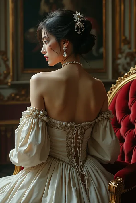 High class woman back portrait money, pearl, a little bit if baroque, but lonely, sad