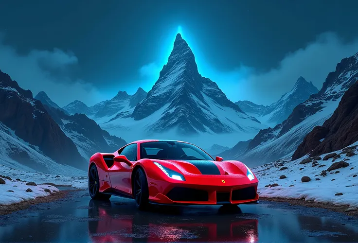 (Best quality, 8k, Masterpiece :1.2), hyper realistic, cyberpunk, at a mountain, an detailed red Ferrari 488, (Facing the audience), The blue skyscraper in the background, at night,