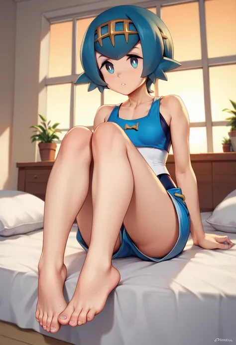 (best quality)), ((highly detailed)), ((masterpiece)), ((Best Quality: 1.2)), ((Lana)), 1 girl, feet, sitting, bed, seen on feet, sweaty, very sweaty, Lana clothing, perfect face, perfect resolution face, perfect hair, hair Lana, swimsuit, Lana shorts, ora...