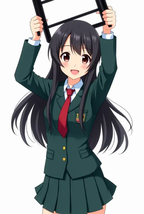 " A well-dressed female student with a bright expression .  anime character.  long black hair ,  big eyes that tear, red tie, Dark long-sleeved green  , Dark green skirt , My chest is straight,  is wearing clothes with collars and pockets . He is holding a...