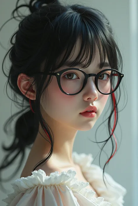 , , fluffy and smooth skin , White race ,  black and red hair on the tips, black glasses 