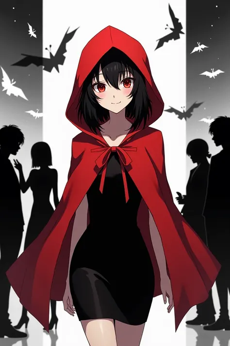 A girl disguised as Little Red Riding Hood at a black and white anime-type party 