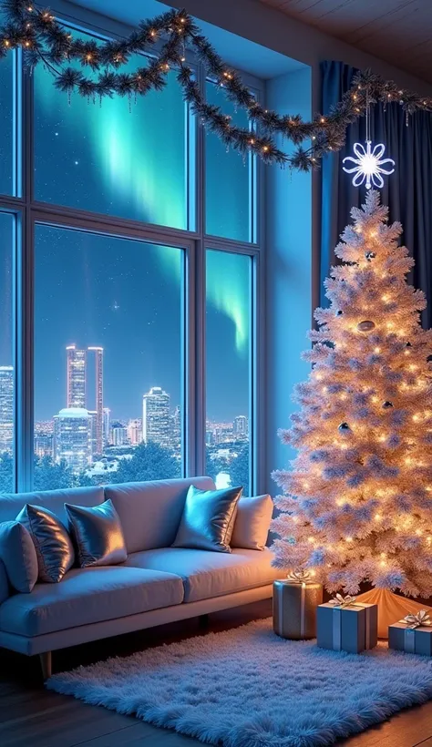 "Transform your cabin into a dazzling Christmas wonderland with a futuristic twist! Imagine a cozy cabin floating in space, with large, panoramic windows showcasing the glittering lights of a futuristic city below. Start with a silver and blue color palett...