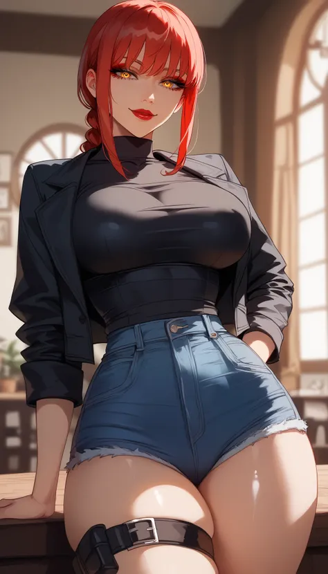  perfect eyes、 perfectly sexy face、ultra detailed、 yellow eyes 、Makima、Chainsaw Man、Hair with a light shade of red、shiny hair、( Big breasts ), black shirt、black jacket、Tight Waist、 thin waist 、 dark blue denim shorts、 Thigh straps 、 shiny skin 、 tanned ski...