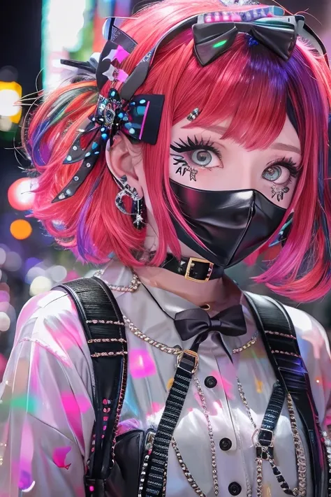  redhead、Goth_punk,  one girl, solo,  Medium Shot, Walking around Harajuku, ((at night)),  Bokeh Depth of Field ,  neon light, Rainbow Eyes,  starry sky , Red shiny hair, White eyebrows, Shiny Hair, (Iridescent white hair),  earrings for a woman alone, Ban...