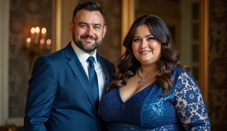 a well-dressed man in a luxurious blue suit and a fat but very beautiful woman