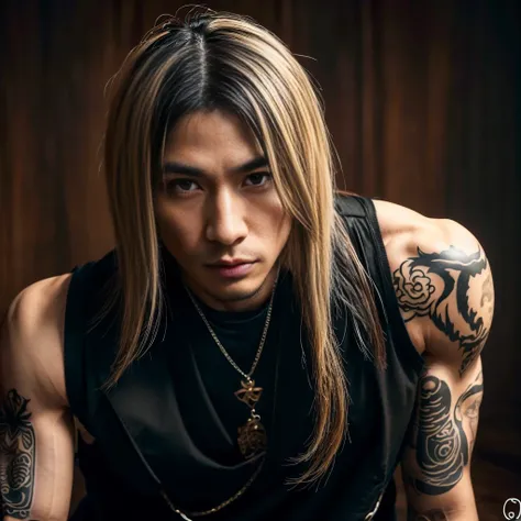 1 man, Japanese man, male, Asian eyes, muscular, broad shoulders, tattoos, hairstyle Visual Kei style, hair Visual Kei, black mens shirt and black pants, ultra detailed face and eyes, hyperrealistic, realistic representation, long hair, long hair, 30 years...