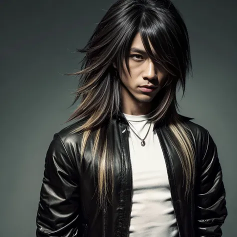 1 man, Japanese man, male, Asian eyes, muscular, broad shoulders, tattoos, hairstyle Visual Kei style, hair Visual Kei, black mens shirt and black pants, ultra detailed face and eyes, hyperrealistic, realistic representation, long hair, long hair, 30 years...