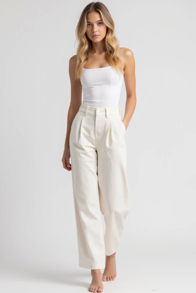 women with long blonde hair. fair Asian Indian look, skin, and face. fashion modal, standing with one leg crossed. Teen girl in a white top and pants, full body full height, large pants, different full body view, highly angle, full body picture, full heigh...