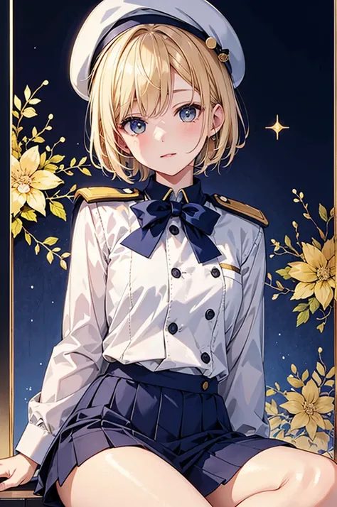  young character 、Inspired by the photo .  this character is short blond ,  white skin,  wearing a navy blue navy uniform and beret ,  sitting on a festive gold tinsel background, High Quality ,Illustration